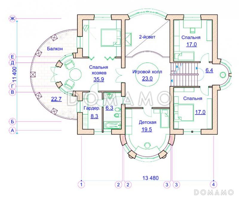 Проект коттеджа с двусветной гостиной, сауной и балконом / План 2 этажа