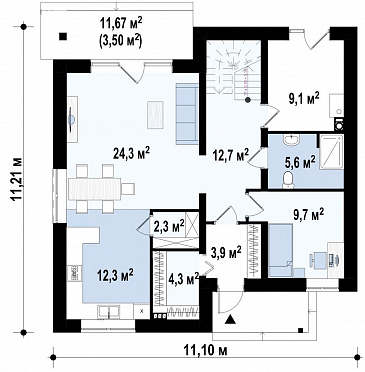 Проект современного двухэтажного дома из газобетона с четырьмя комнатами, большим тех помещением и балконом / План 1 этажа