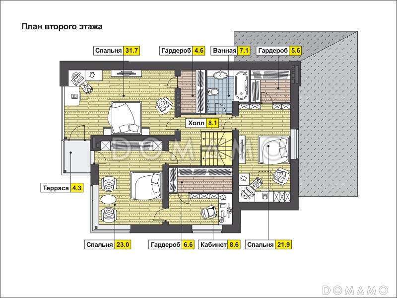 Проект дома с панорамными окнами, гаражом на одну машину, спальней с выходом на террасу, сауной / План мансардного этажа