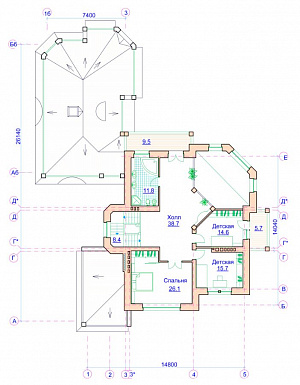 Проект коттеджа с двусветной гостиной, отдельным бассейном и гаражом / План 2 этажа