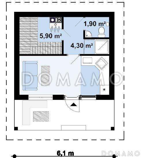 Проект компактной бани из кирпича с комнатой отдыха и крытой террасой / План 1 этажа