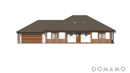 Проект одноэтажного дома из кирпича с мансардой, гаражом на два автомобиля и зоной барбекю на террасе / Фасад 1