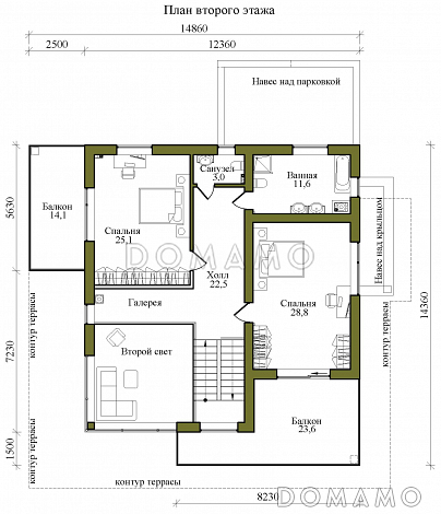 Проект двухэтажного каркасного дома в стиле хай-тек с масштабным остеклением, вторым светом и спортзалом / План 2 этажа
