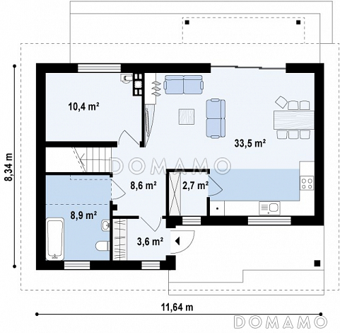 Проект одноэтажного мансардного дома из кирпича с большим техническим помещением и тремя спальнями / План 1 этажа