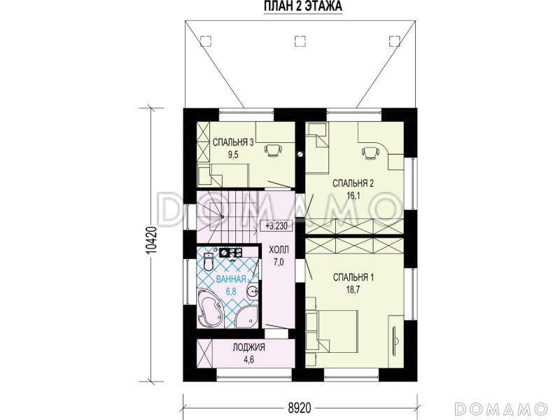 Проект загородного дома с террасой, комнатой на первом этаже, кладовой, лоджией / План 2 этажа