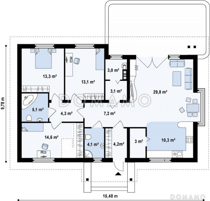 Проект одноэтажного дома из газобетона с тремя спальнями и возможностью обустройства мансарды / План 1 этажа