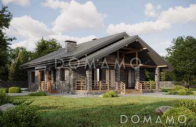 Проект выразительного одноэтажного дома с двухскатной крышей в разных уровнях, большой террасой и вторым светом