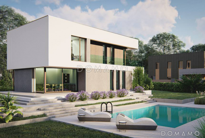 Проект загородного дома с гаражом на две машины, светлой гостиной, террасой, балконом