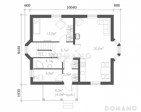 Проект практичного коттеджа из кирпича / План 1 этажа