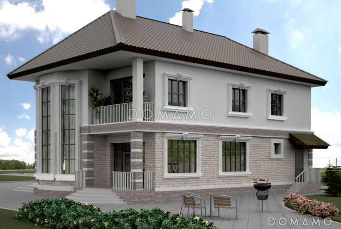 Проект дома с просторной двусветной гостиной с камином 