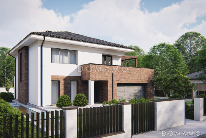 Проект двухэтажного дома с гаражом на два автомобиля с проходом в кухню через  кладовую, мастер-спальней на втором этаже, балконом