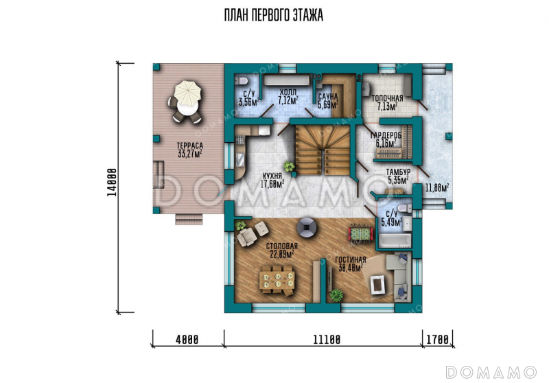 Проект дома из газобетона с террасой и тремя спальнями / План 1 этажа