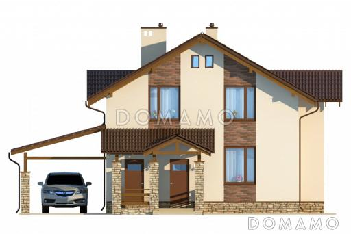 Проект вместительного коттеджа с каменными столбами крыльца и навеса / Фасад 1