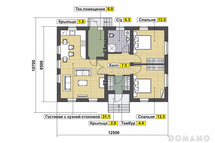 Проект дома с гостиной, кухней-столовой, спальнями / План 1 этажа