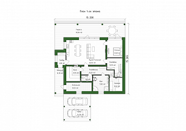 Проект большого дома с сауной, хамамом, двусветной гостиной и навесом на 2 авто / План 1 этажа
