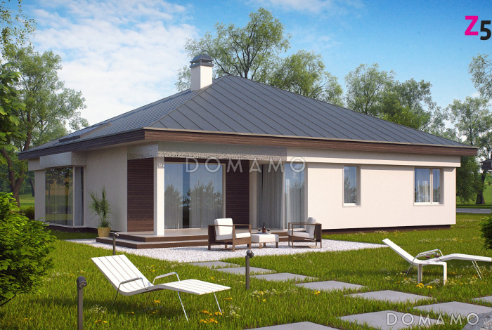 Проект одноэтажного дома из кирпича со стеклянным эркером в просторной гостиной и гаражом на два автомобиля