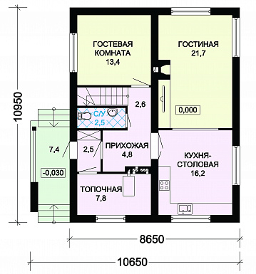 Проект небольшого, уютного дома из пеноблоков с двускатной крышей / План 1 этажа