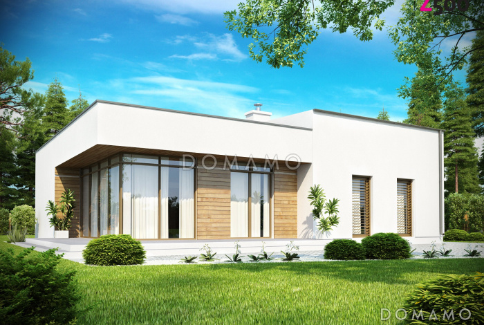 Проект современного одноэтажного дома с плоской крышей из кирпича с тремя спальнями и панорамным остеклением гостиной