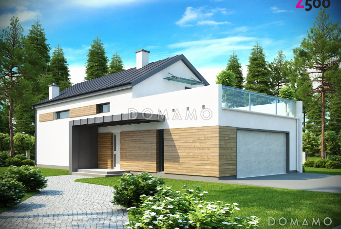 Проект двухэтажного дома из кирпича с двухскатной крышей с четырьмя комнатами, гаражом и открытой террасой над ним