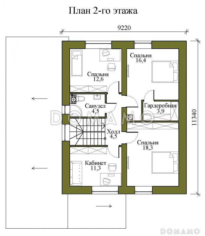 Проект двухэтажного газобетонного дома с гаражом на два машиноместа, тремя спальнями и кабинетом на втором этаже / План 2 этажа