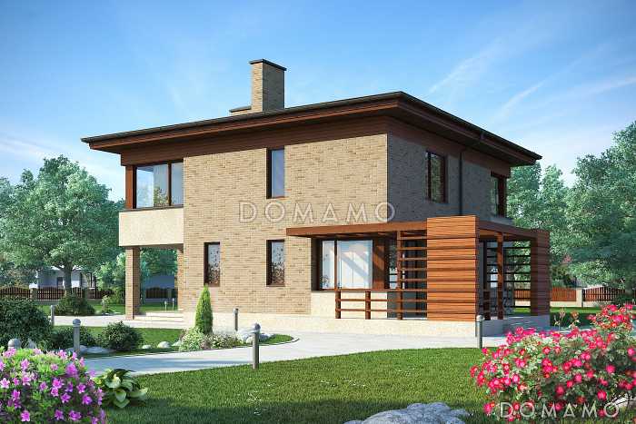 Проект двухэтажного квадратного дома с отрытой террасой, спальней на первом этаже, большой ванной