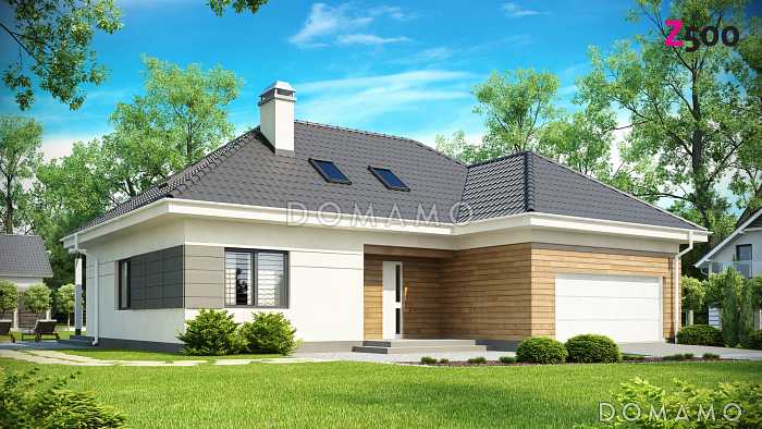 Проект одноэтажного мансардного дома из газобетона с гостевой спальней и кабинетом на первом этаже и встроенным гаражом