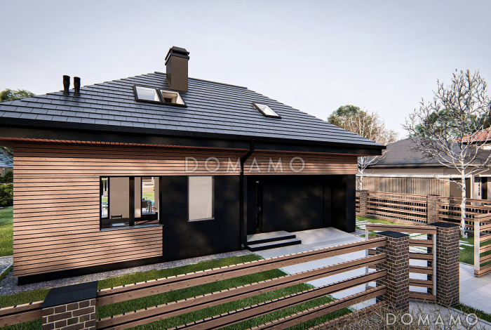 Проект загородного дома с мансардой, гаражом, санузлом на первом этаже, просторной дневной зоной