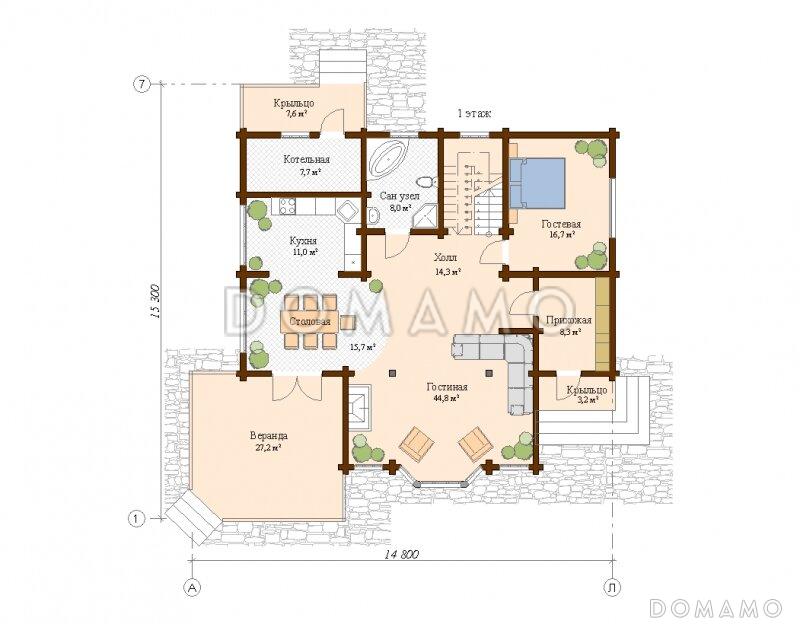 Проект дома с тремя спальнями и кабинетом / План 1 этажа