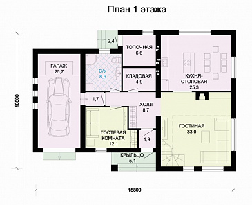 Проект дома из пеноблоков с двухскатной крышей / План 1 этажа