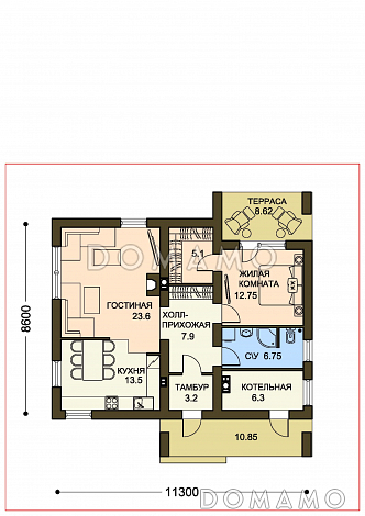 Проект небольшого одноэтажного дома из СИП панелей с гардеробной и приватной террасой / План 1 этажа