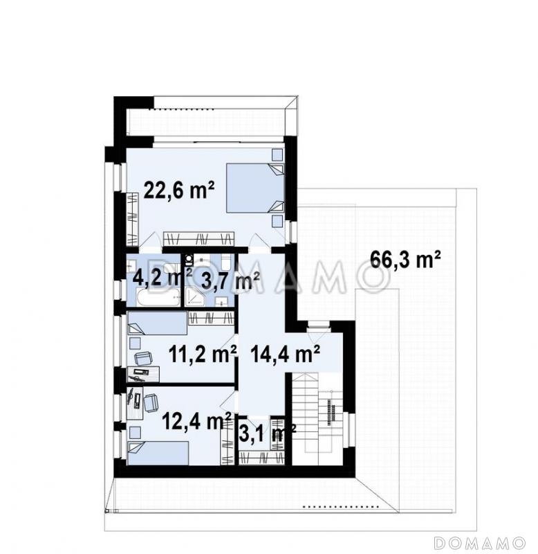 Проект загородного дома с гаражом для автомобиля, кабинетом, террасой на втором этаже / План 2 этажа
