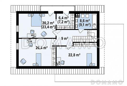 Проект мансардного дома из кирпича со встроенным гаражом, кабинетом и балконом / План мансардного этажа