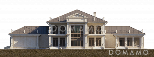 Проект загородного дома с бассейном, комнатами для отдыха и спорта, террасами, большим гаражом, спальнями на втором этаже / Фасад 1