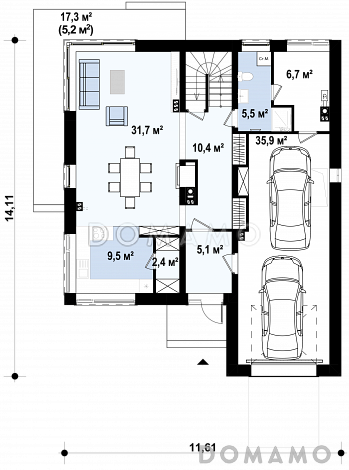 Проект двухэтажного кирпичного дома с 4 спальнями, подвалом и гаражом на 2 автомобиля / План 1 этажа