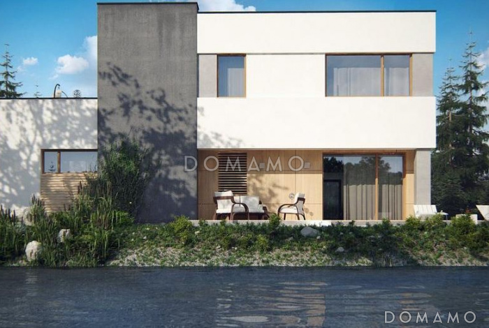 Проект двухэтажного дома с гаражом, кладовой, ванной с угловым окном, террасой