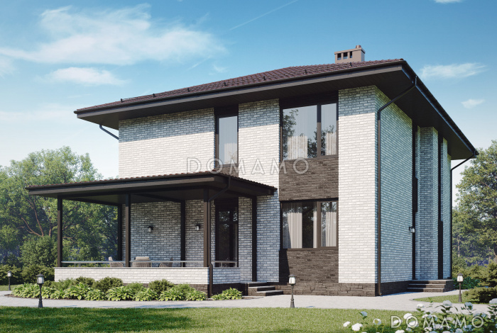 Проект двухэтажного дома с двумя мастер-спальнями, комнатой на первом этаже, просторной гардеробной и кабинетом