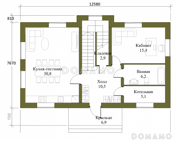 Проект компактного двухэтажного коттеджа с пятью спальнями / План 1 этажа