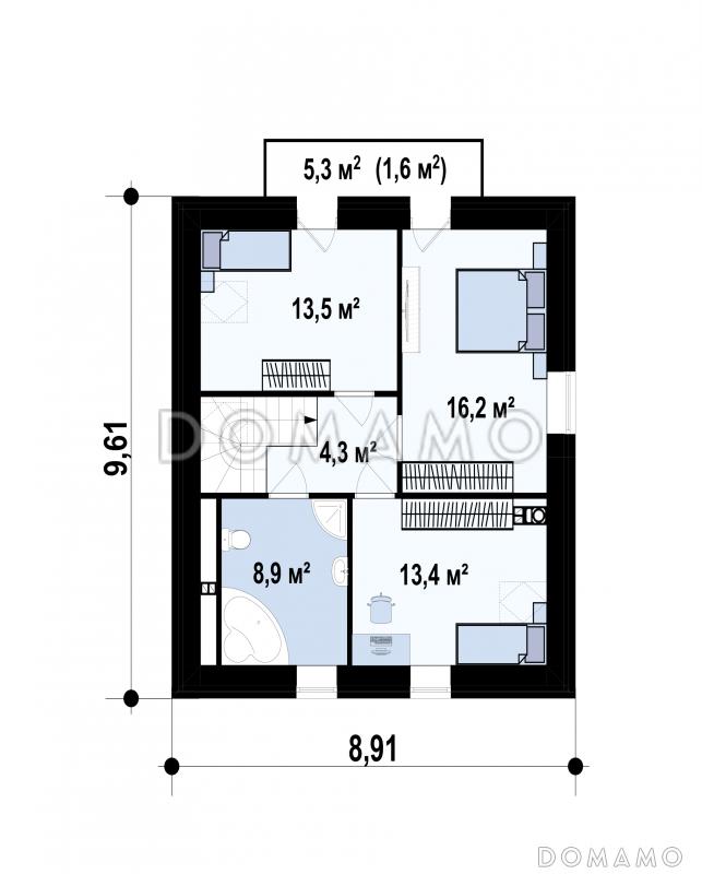 Проект загородного дома с камином в гостиной, изолированной кухней, открытой террасой / План мансардного этажа