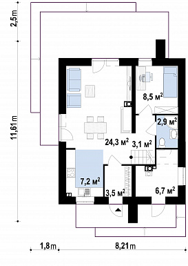 Проект компактного двухэтажного дома из газобетона современного дизайна / План 1 этажа