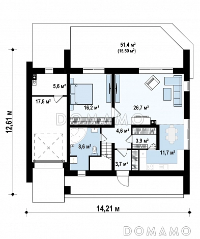 Проект современного двухэтажного дома из газобетона с дополнительной спальней на первом этаже, гаражом и открытой террасой на втором этаже / План 1 этажа