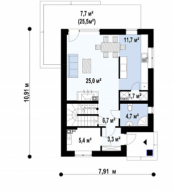 Проект двухэтажного дома с подвалом, кладовой, гостиной с камином, тремя спальнями / План 1 этажа