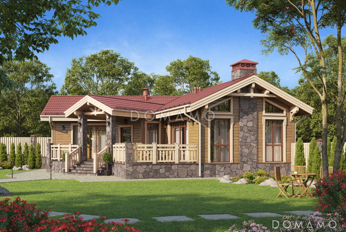 Проект бани с большой террасой, зоной барбекю и гостиной