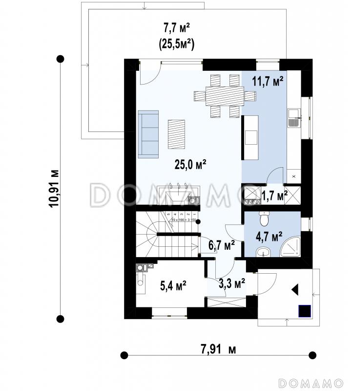 Проект двухэтажного дома с подвалом, кладовой, гостиной с камином, тремя спальнями / План 1 этажа