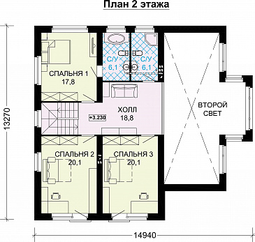 Проект дома по технологии ЛСТК с панорамными окнами и натуральной черепицей / План мансардного этажа