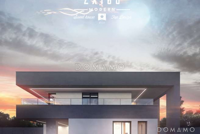 Проект большого современного двухэтажного дома из кирпича с большой площадью остекления, гаражом и просторными террасами на обоих уровнях