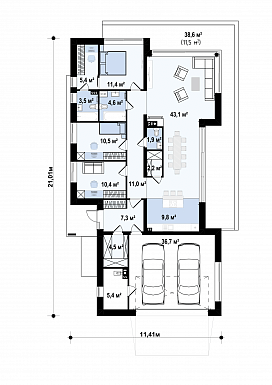 Проект одноэтажного дома из газобетона с просторной гостиной, мастер-спальней и гаражом на 2 машины / План 1 этажа