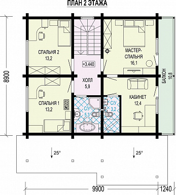 Проект загородного дома с террасой, комнатой на первом этаже, кладовой под лестницей, балконом / План мансардного этажа