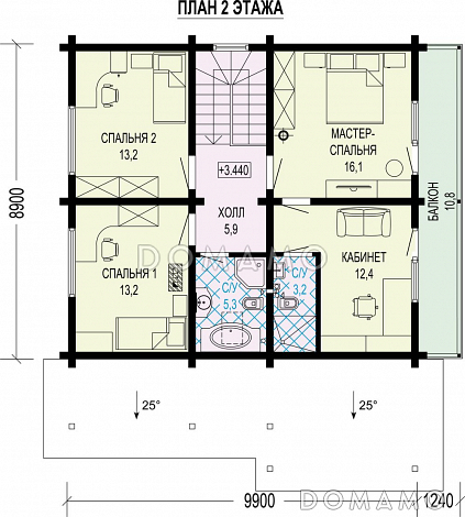 Проект загородного дома с террасой, комнатой на первом этаже, кладовой под лестницей, балконом / План мансардного этажа