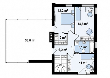 Проект современного двухэтажного дома из газобетона с тремя спальнями и террасой над одноместным гаражом / План 2 этажа