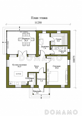 Проект одноэтажной бани в стиле хай-тек со скатной кровлей / План 1 этажа